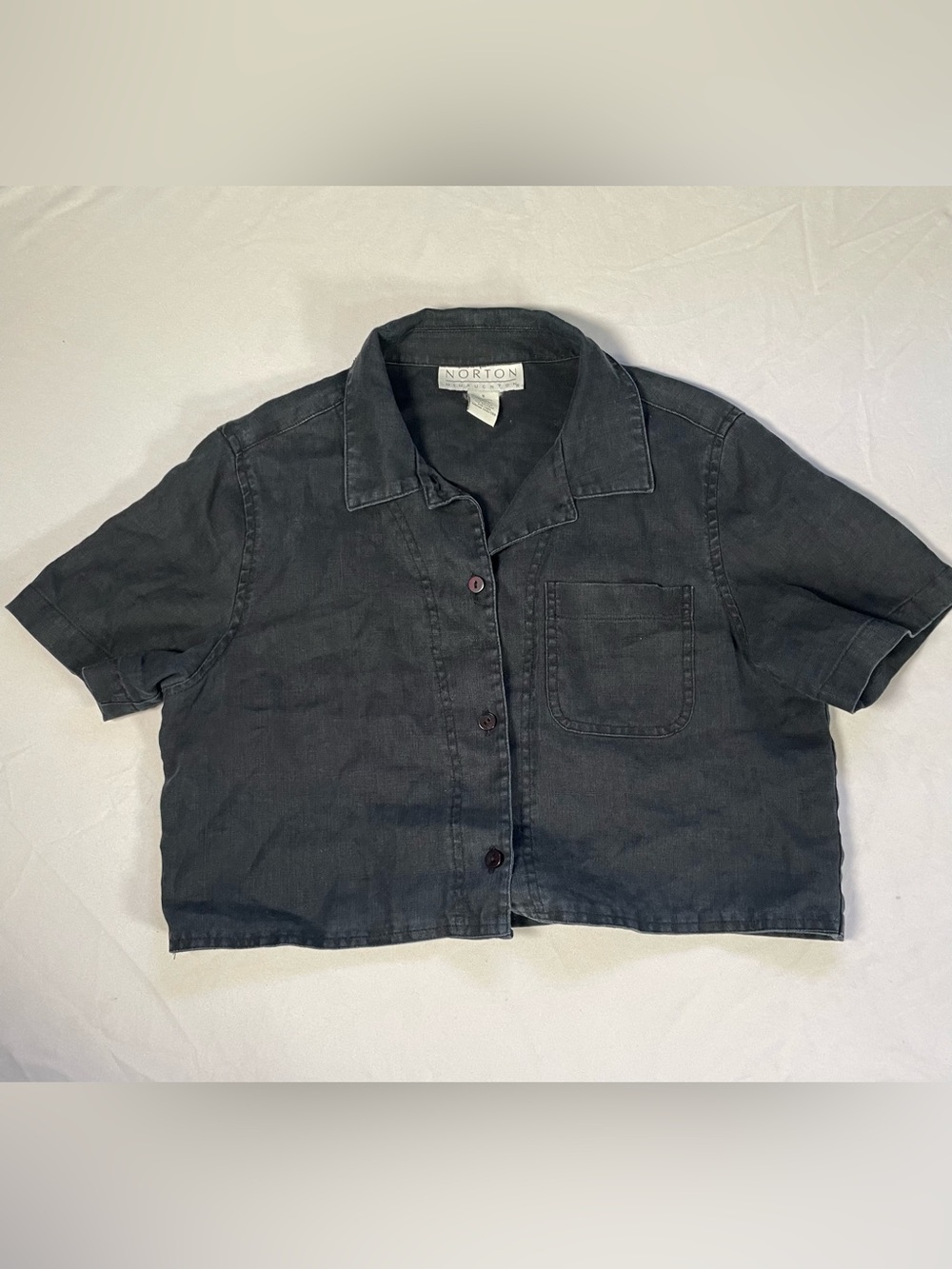 VTG 90s Norton McNaughton Linen Short Sleeve Boxy Crop Top Charcoal Grey Small